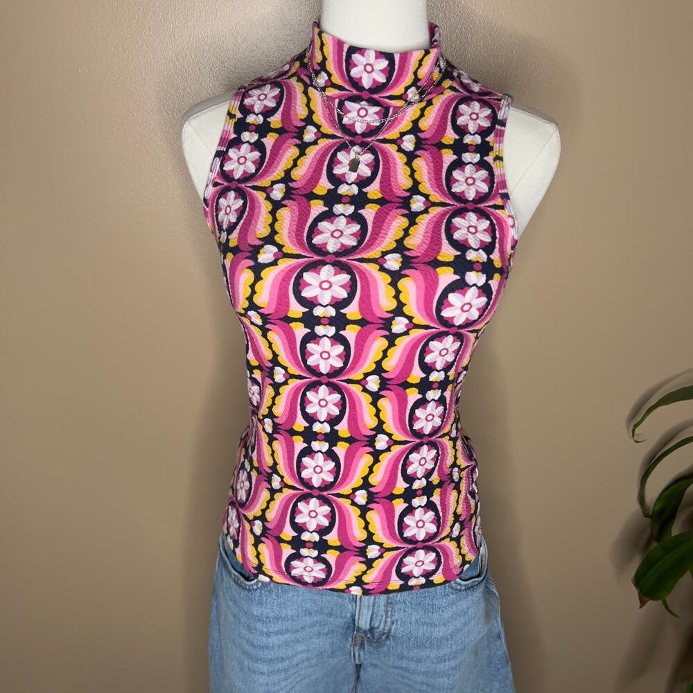Anthropologie Maeve Pink Purple Geometric Sleeveless Mock Neck Top Retro Sz XS